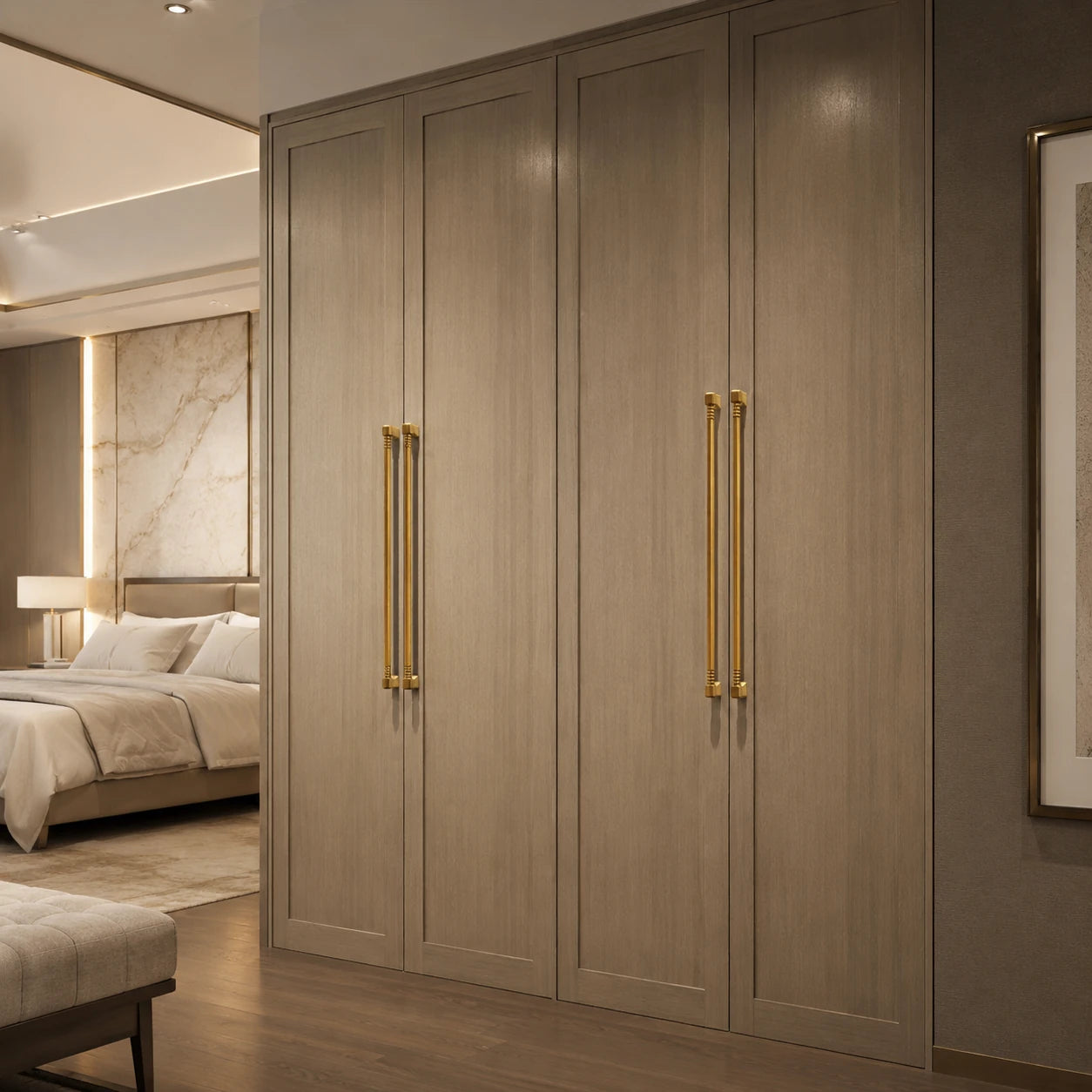 Illustrative hotel guestroom wardrobe with Capramont Brunswick cabinet handles